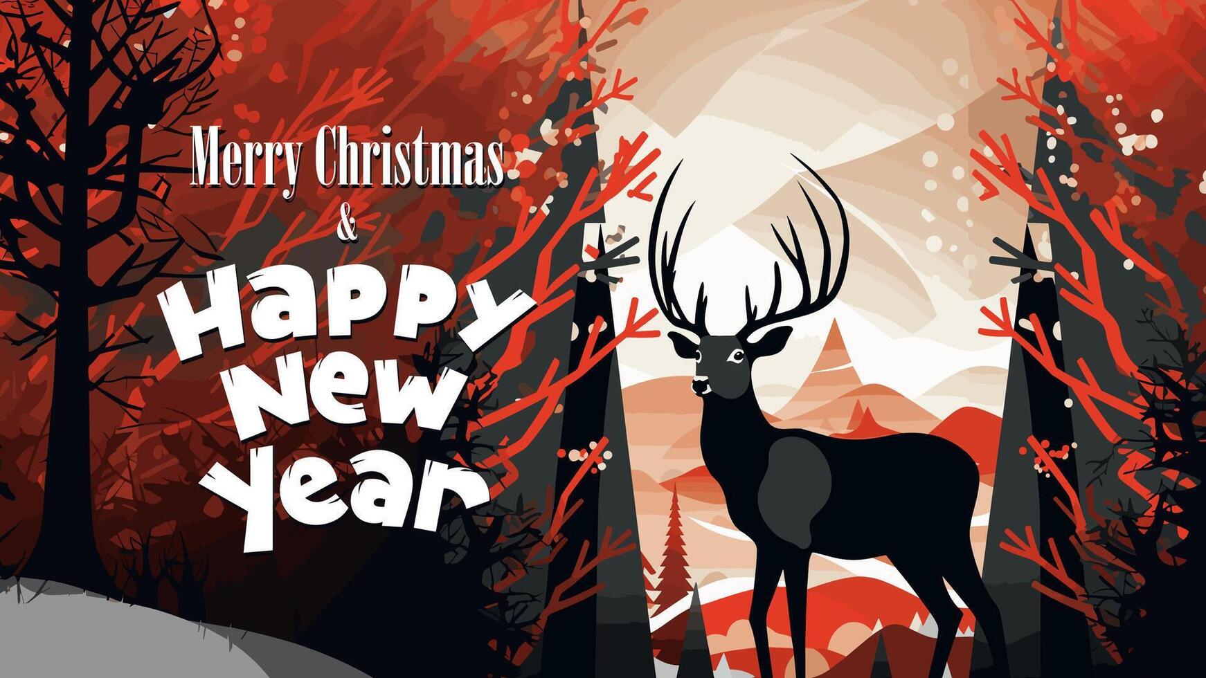 Merry Christmas and Happy New Year horizontal greeting card with deer in snowy winter spruce forest scenery. Xmas reindeer holiday eve banner and lettering. Traditional december celebration eps print vector