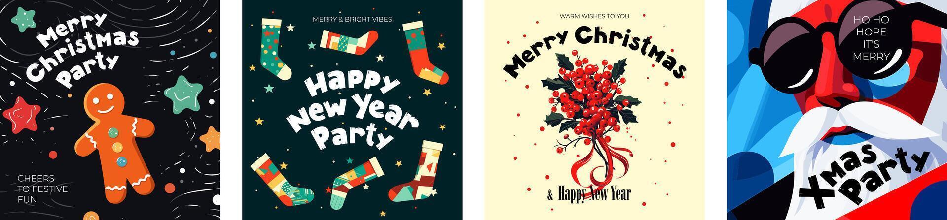 Merry Christmas and Happy New Year square banner. Winter holiday Xmas eve abstract flyer. Joyful gingerbread man, mistletoe sprig and Santa Claus greeting card. Creative drawing celebration eps print vector