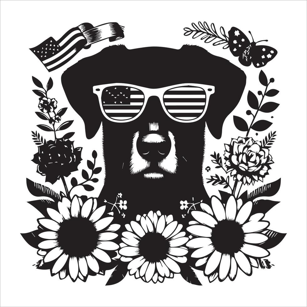 Print A collage of a dog a plant in an illustrated frame risograph silhouette white background vector