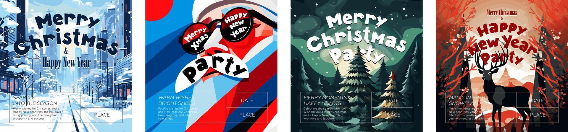 Merry Christmas and Happy New Year party square banner. Joyful holiday Xmas eve celebration print. Reindeer in spruce forest and winter modern city invitation flyer. Art graphic Santa Claus postcard vector
