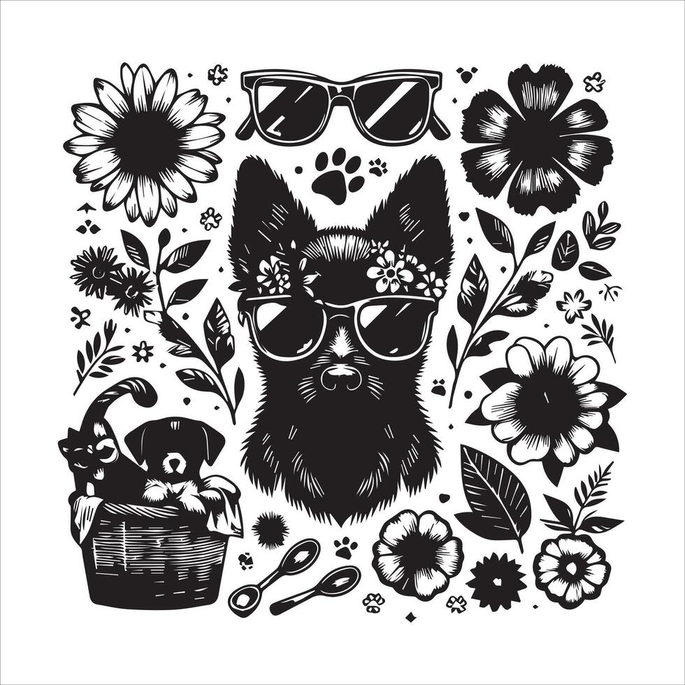 Print A collage of a dog a plant in an illustrated frame risograph silhouette white background vector