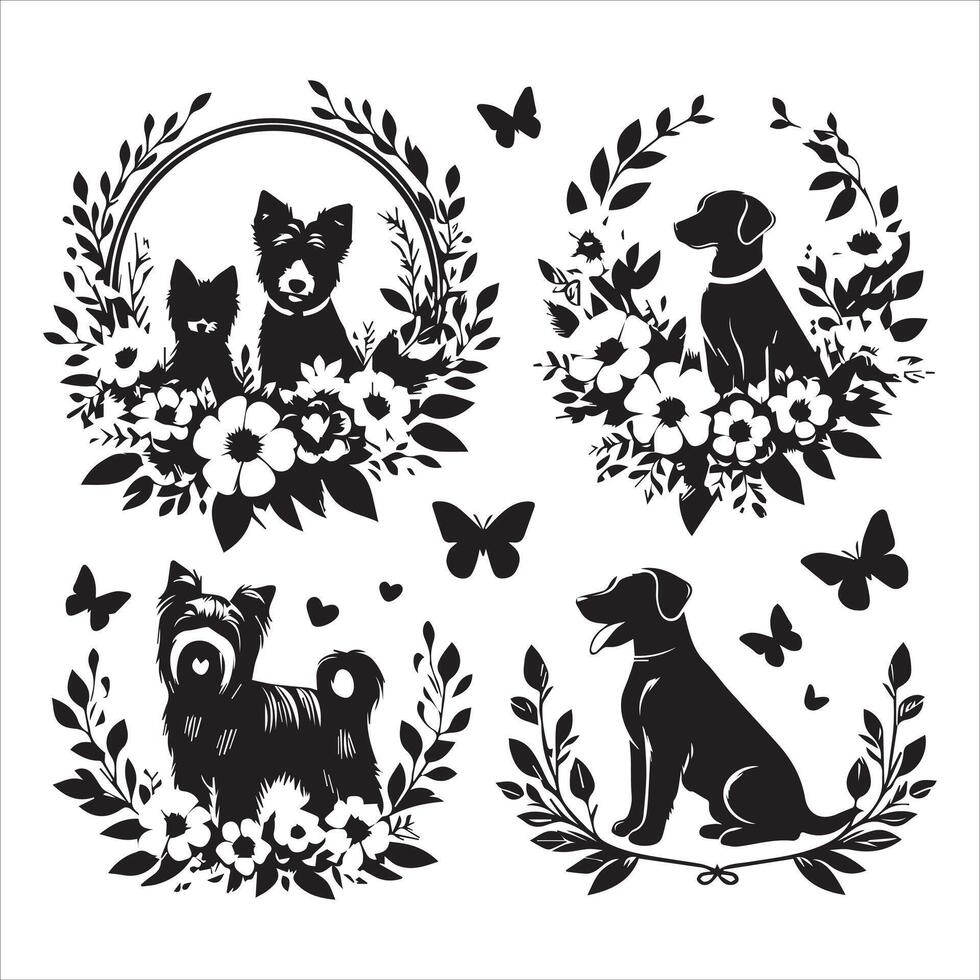 Print A collage of a dog a plant in an illustrated frame risograph silhouette white background vector