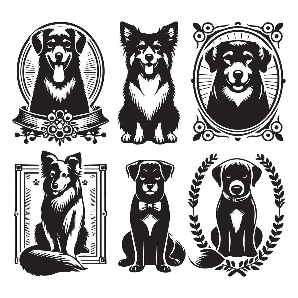 Print A collage of a dog a plant in an illustrated frame risograph silhouette white background vector