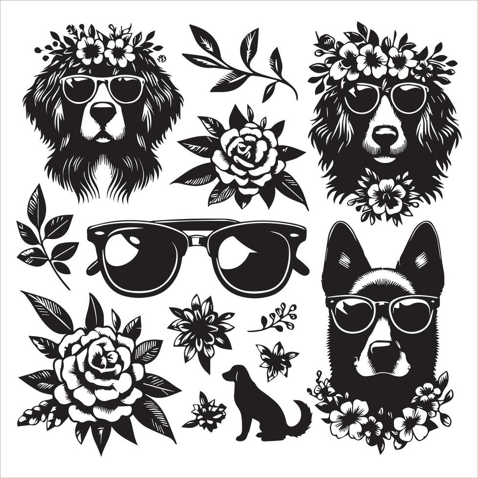 Print A collage of a dog a plant in an illustrated frame risograph silhouette white background vector