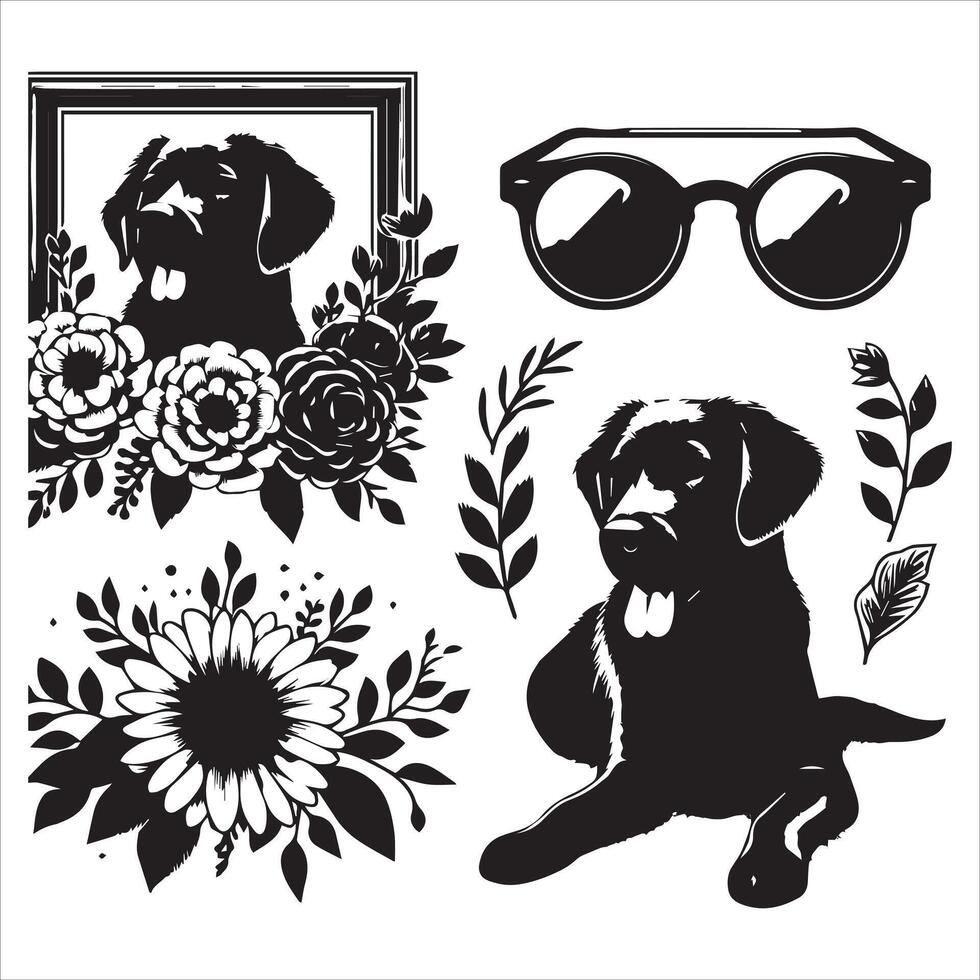 Print A collage of a dog a plant in an illustrated frame risograph silhouette white background vector