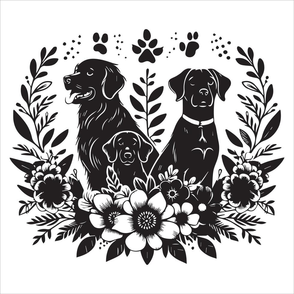 Print A collage of a dog a plant in an illustrated frame risograph silhouette white background vector