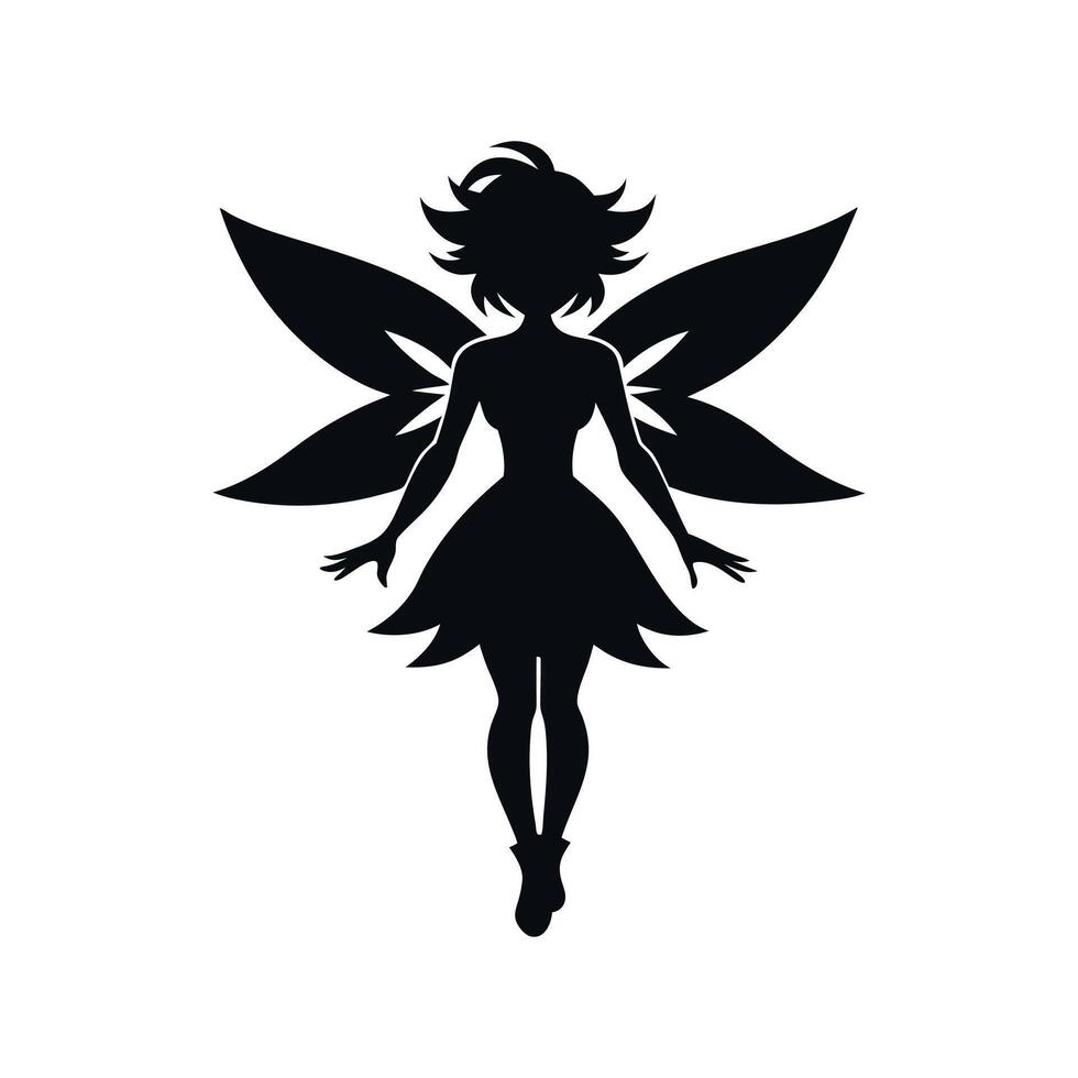 A black silhouette of a fairy girl, Black silhouette of a fairytale little fairy isolated on a white background. illustration for design. vector