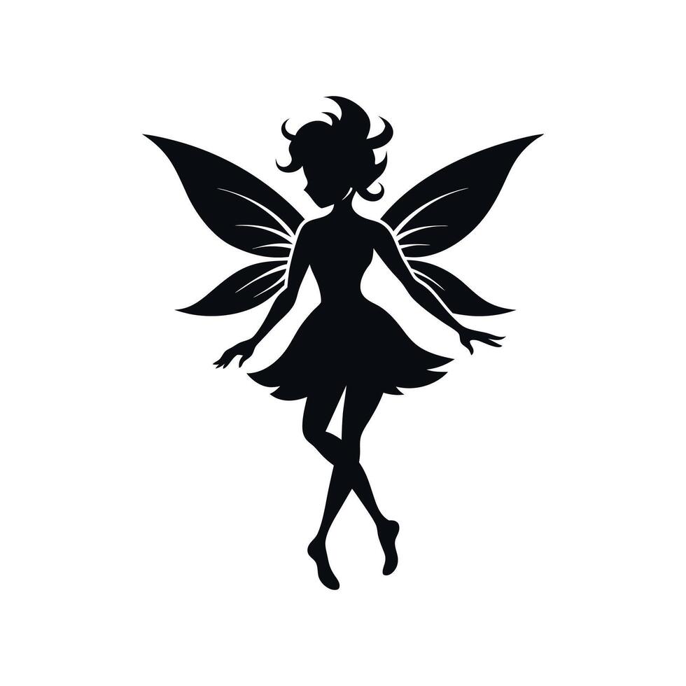A black silhouette of a fairy girl, Black silhouette of a fairytale little fairy isolated on a white background. illustration for design. vector