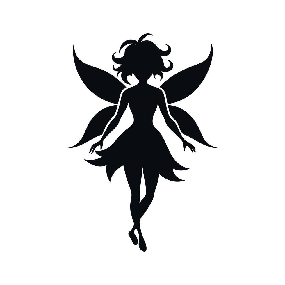 A black silhouette of a fairy girl, Black silhouette of a fairytale little fairy isolated on a white background. illustration for design. vector