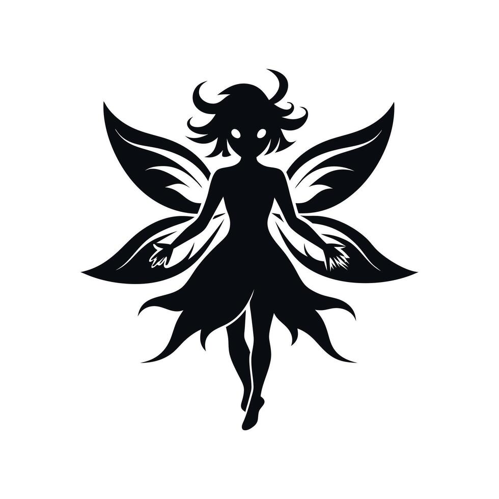 A black silhouette of a fairy girl, Black silhouette of a fairytale little fairy isolated on a white background. illustration for design. vector