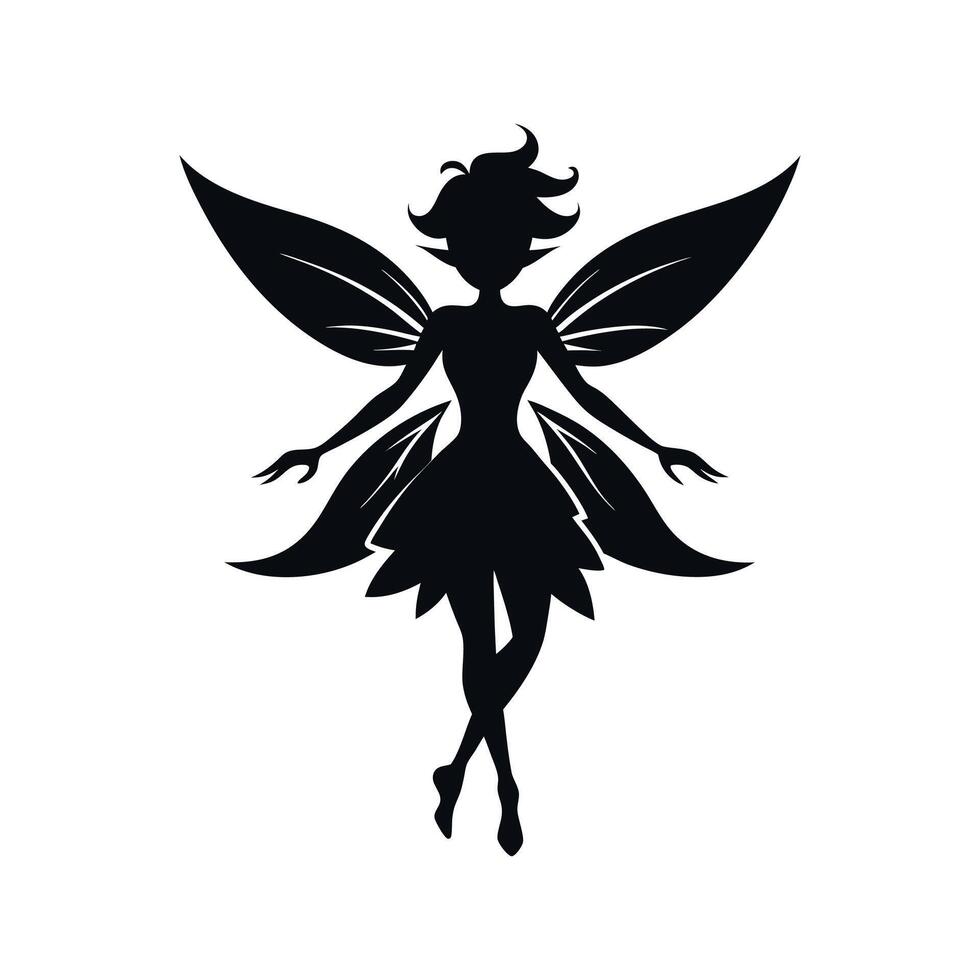 A black silhouette of a fairy girl, Black silhouette of a fairytale little fairy isolated on a white background. illustration for design. vector