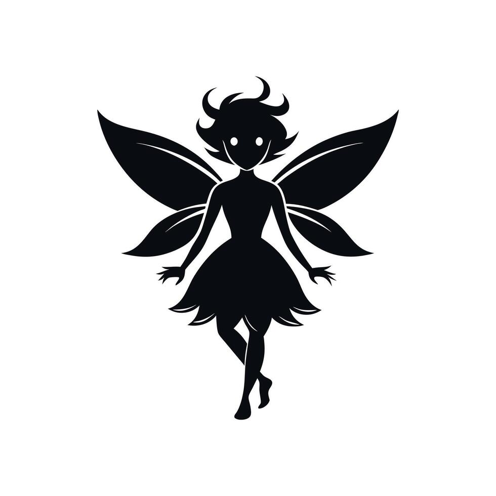 A black silhouette of a fairy girl, Black silhouette of a fairytale little fairy isolated on a white background. illustration for design. vector