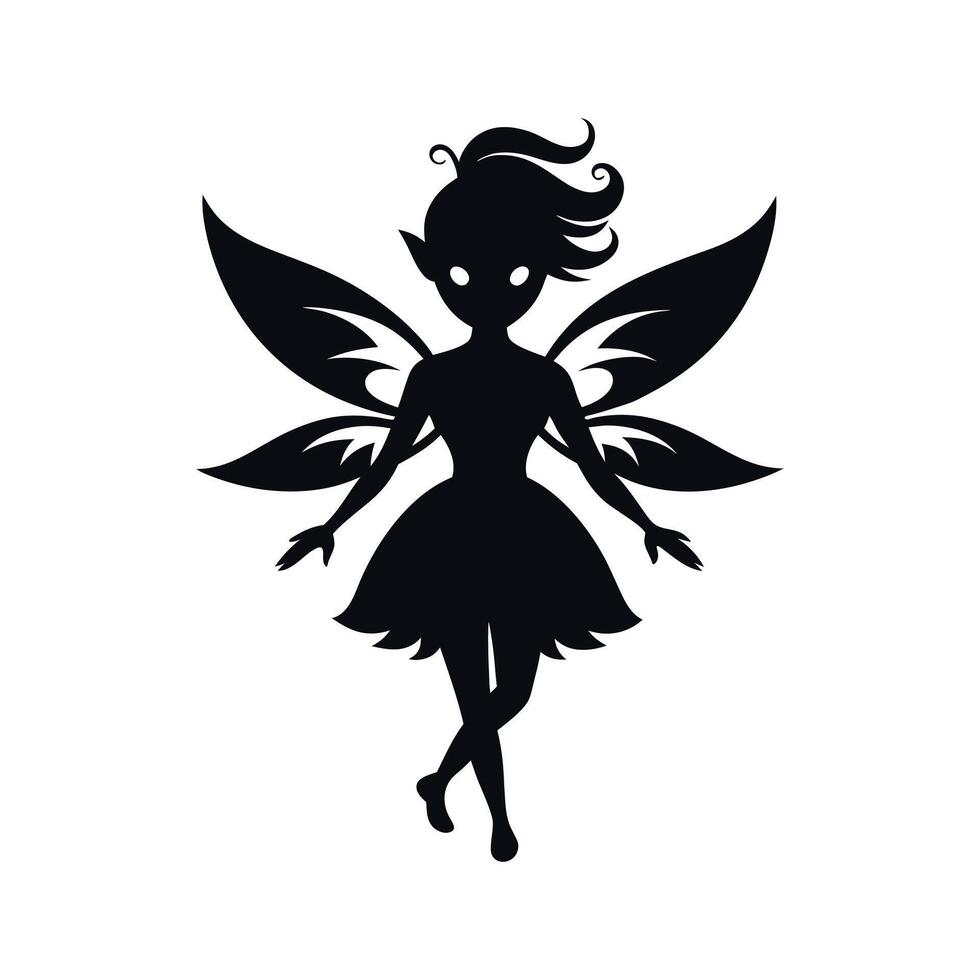 A black silhouette of a fairy girl, Black silhouette of a fairytale little fairy isolated on a white background. illustration for design. vector