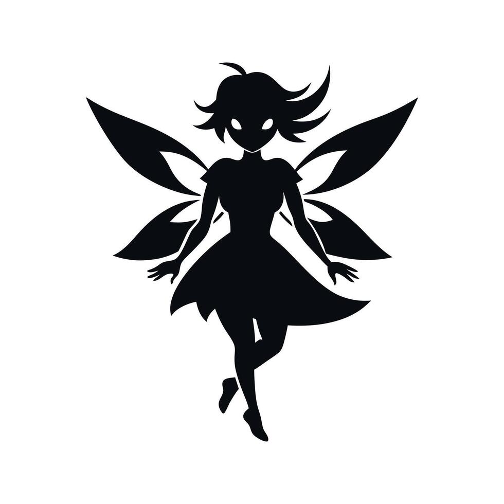 A black silhouette of a fairy girl, Black silhouette of a fairytale little fairy isolated on a white background. illustration for design. vector