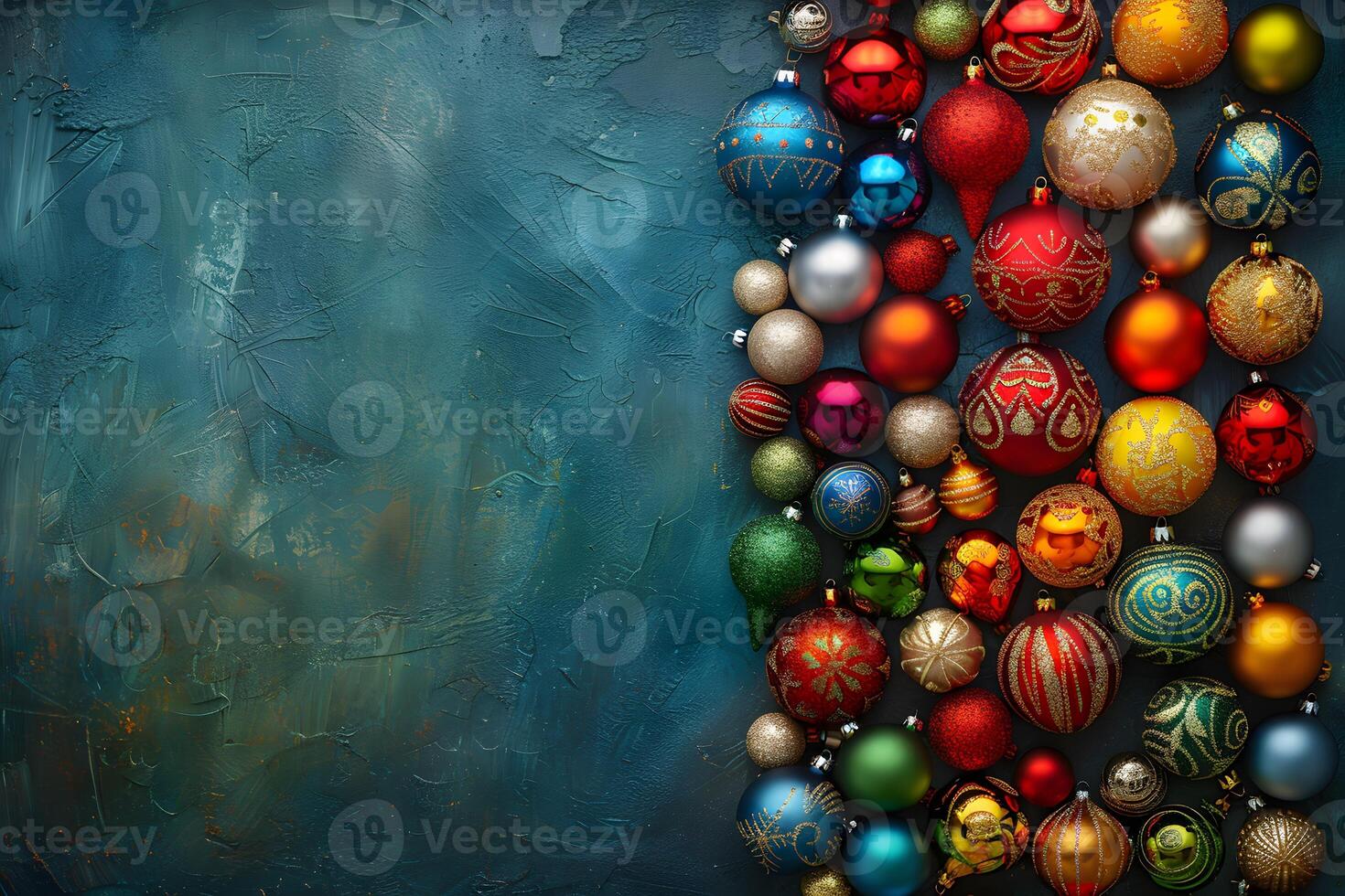 Vibrant Christmas Ornaments on Textured Blue Background - Holiday Decoration Design for Print, Card, Poster photo