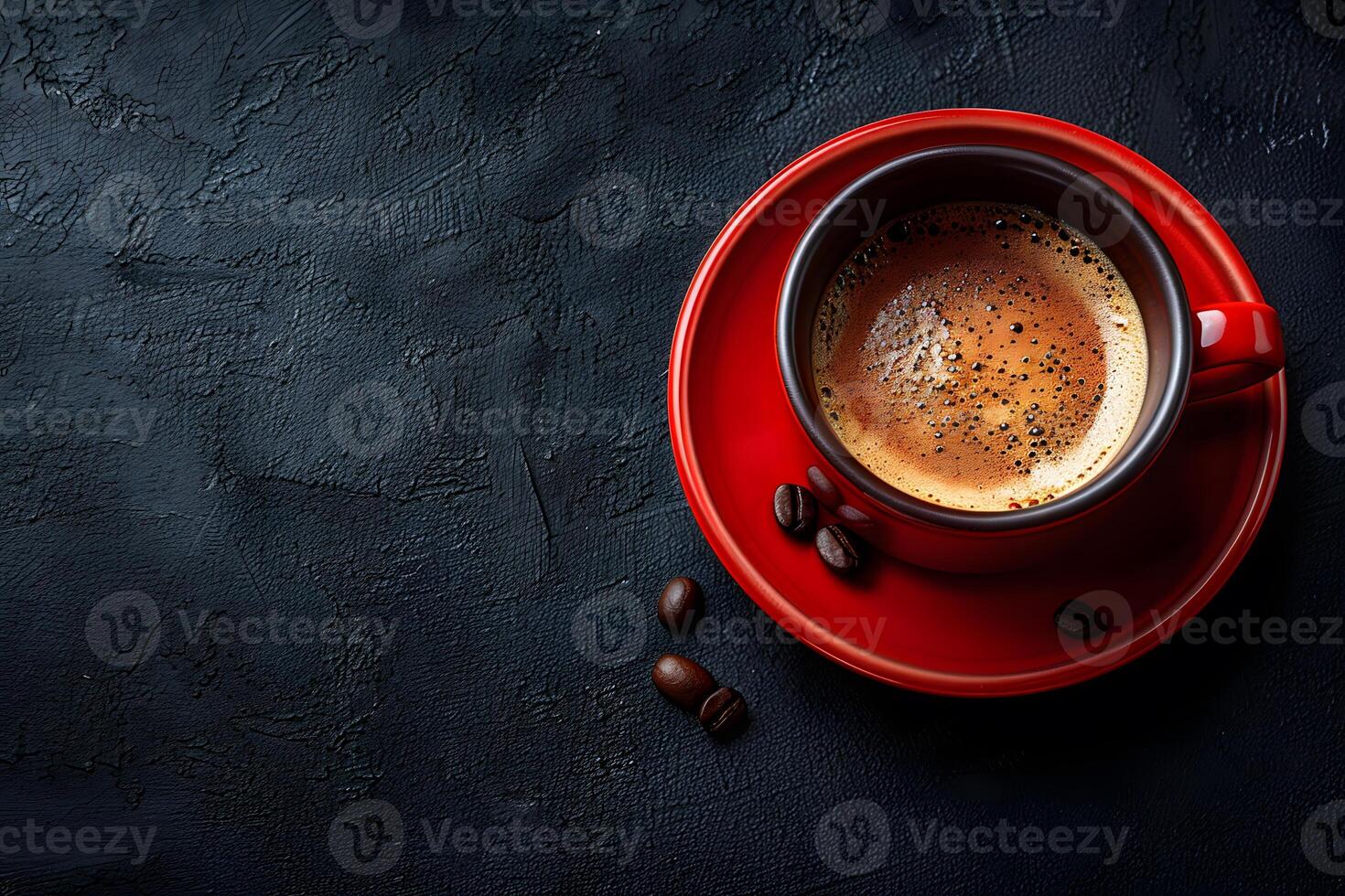 Morning Coffee Vibes with Fresh Espresso in Red Cup against Dark Background Perfect for Cafe, Print, Poster Design photo