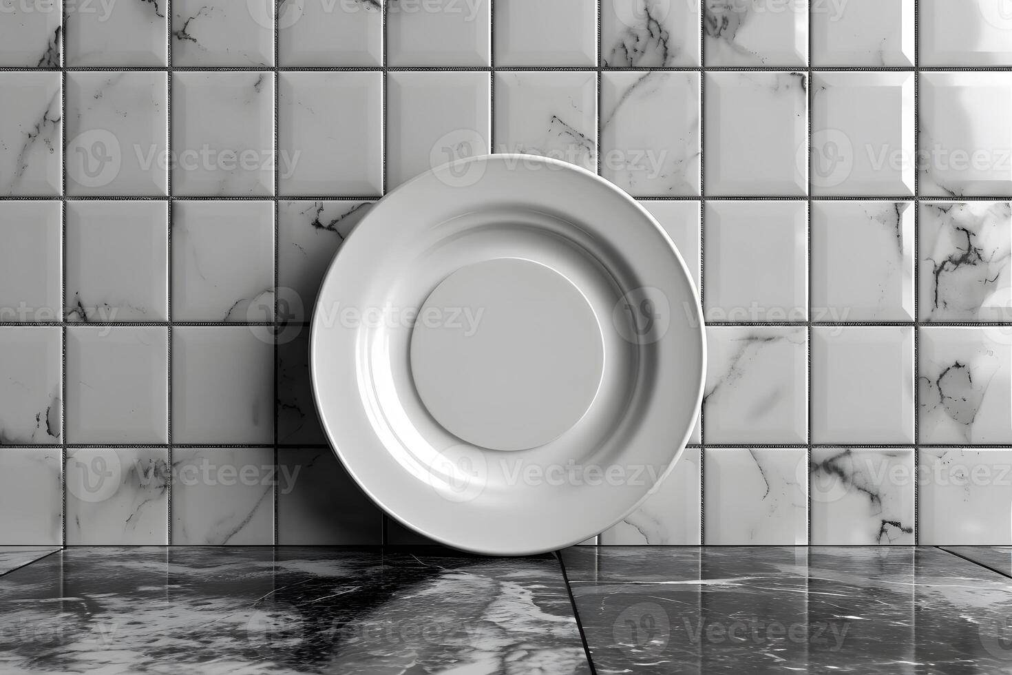 Minimalist White Plate on Marble Surface and Tile Background for Modern Kitchen Design photo