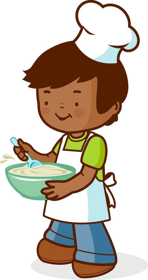 A little boy in a chef uniform, holding a bowl and cooking. Kid with cooking hat in the kitchen at home or bakery. vector