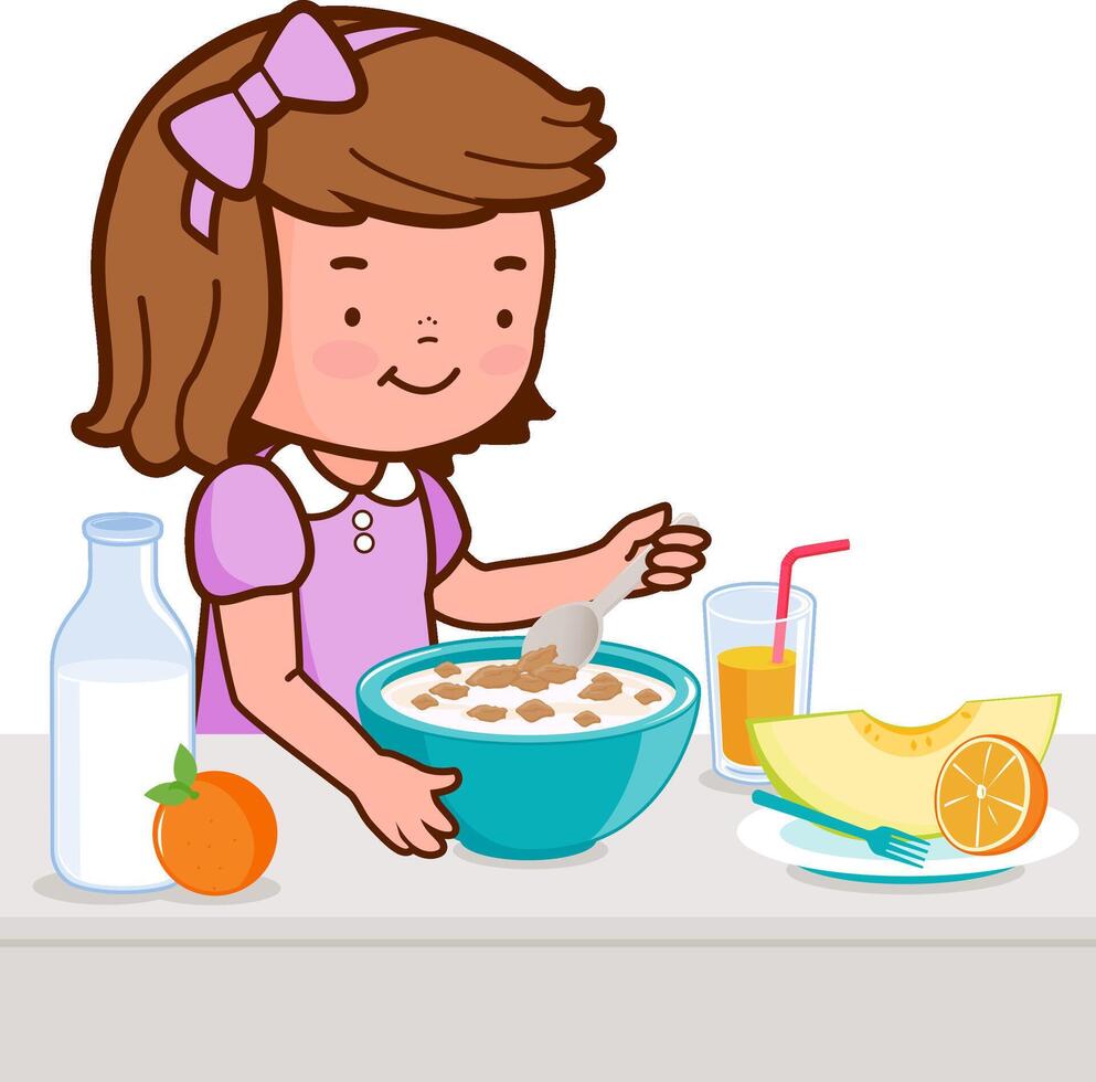 A girl is having her healthy breakfast of cereal, milk, juice, and fruits. Child eating at home in the kitchen. vector
