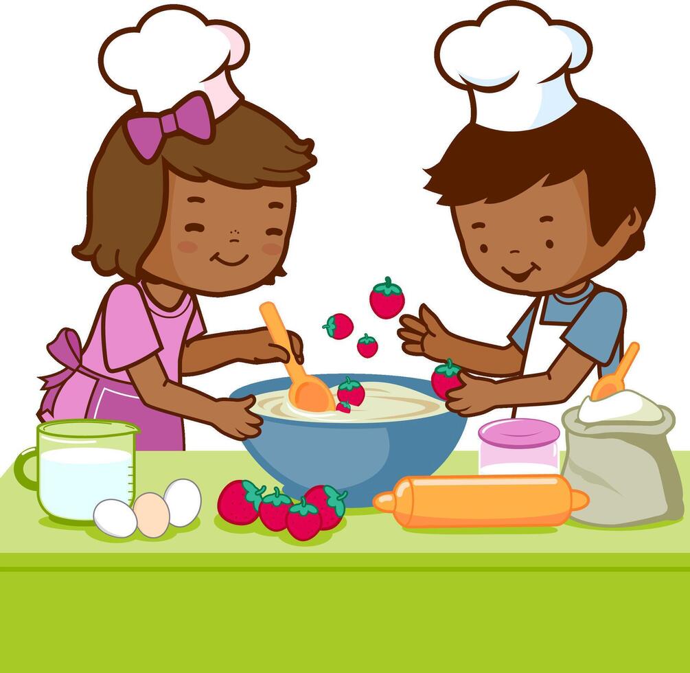 Children cooking in the kitchen at home. Kids with cooking hats baking a cake. vector