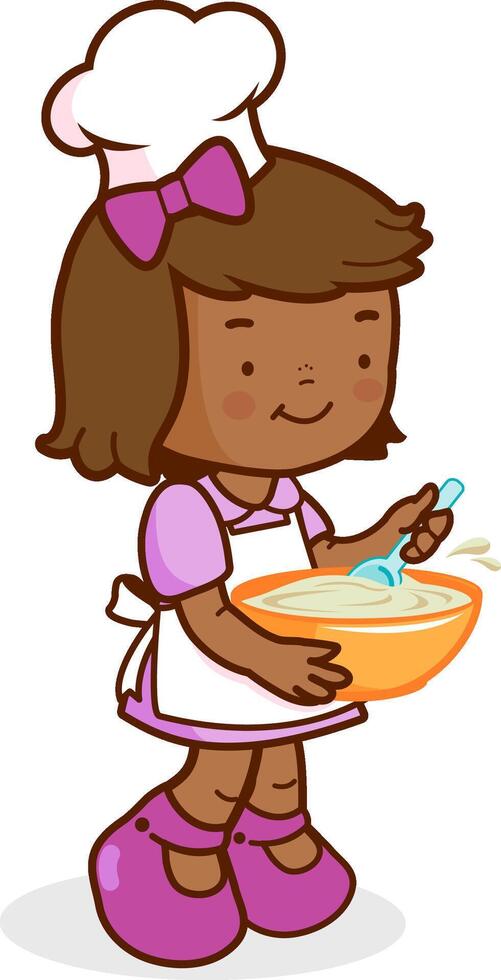 A little girl in a chef uniform, holding a bowl and cooking. Kid with cooking hat in the kitchen at home or bakery. vector