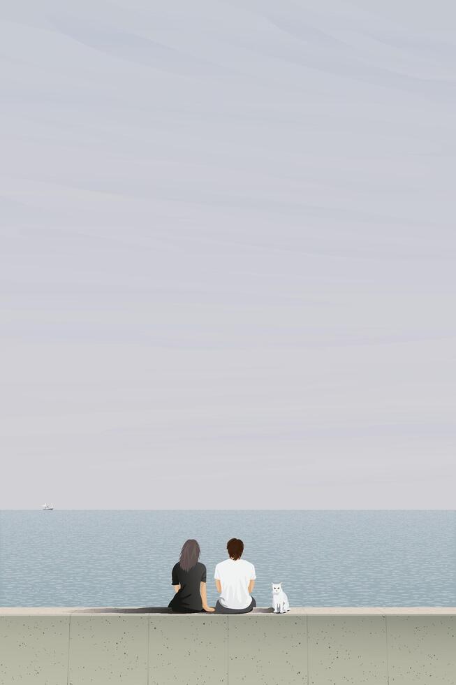 Couple of lover with cat sitting on barrier at seaside in a foggy day graphic illustration. Travel with pet landscape minimalism concept vertical shape have blank space. vector