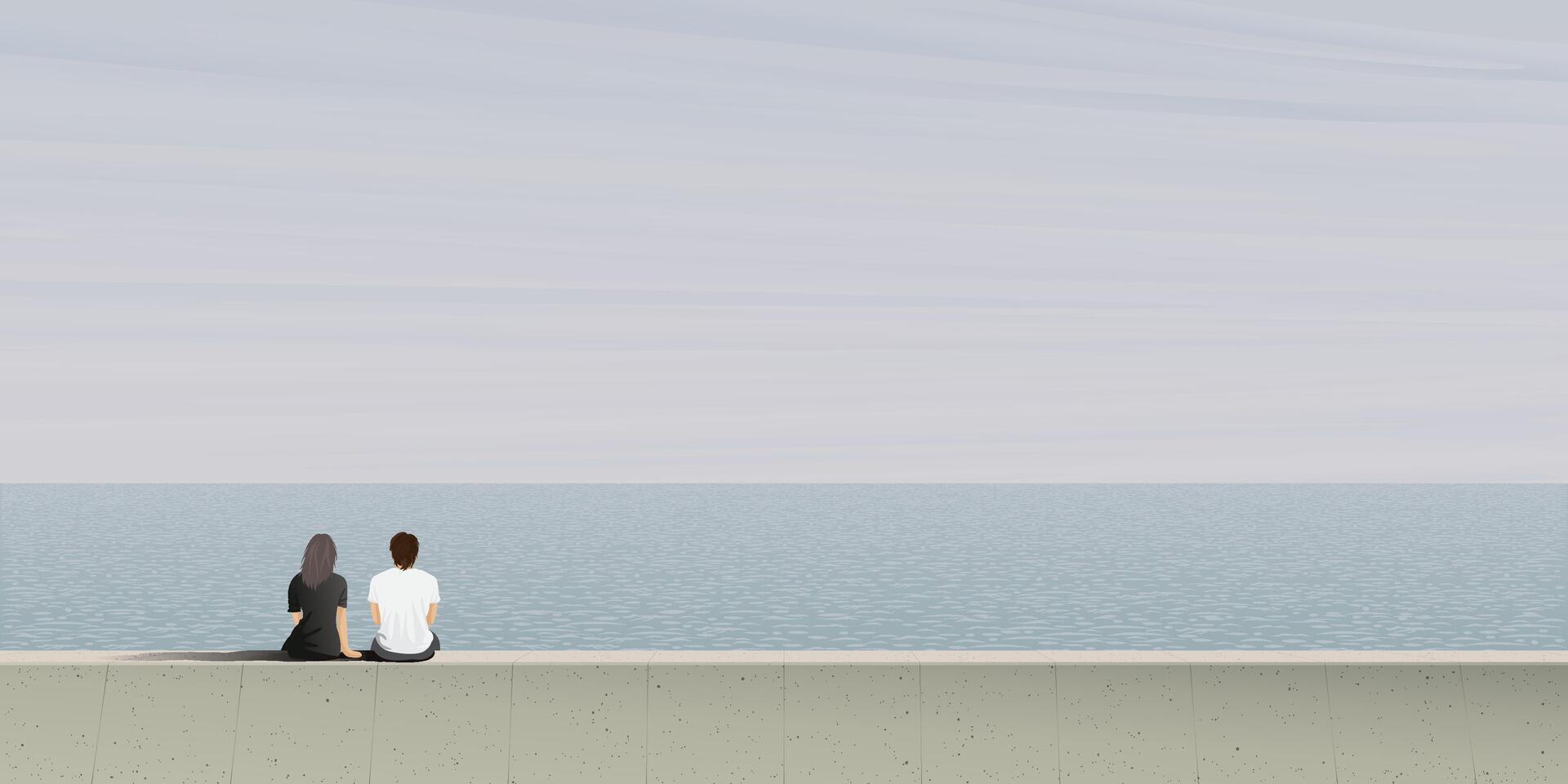 Couple of lover sitting on barrier at seaside in a foggy day graphic illustration. Honeymoon concept illustrate minimalism have blank space. vector