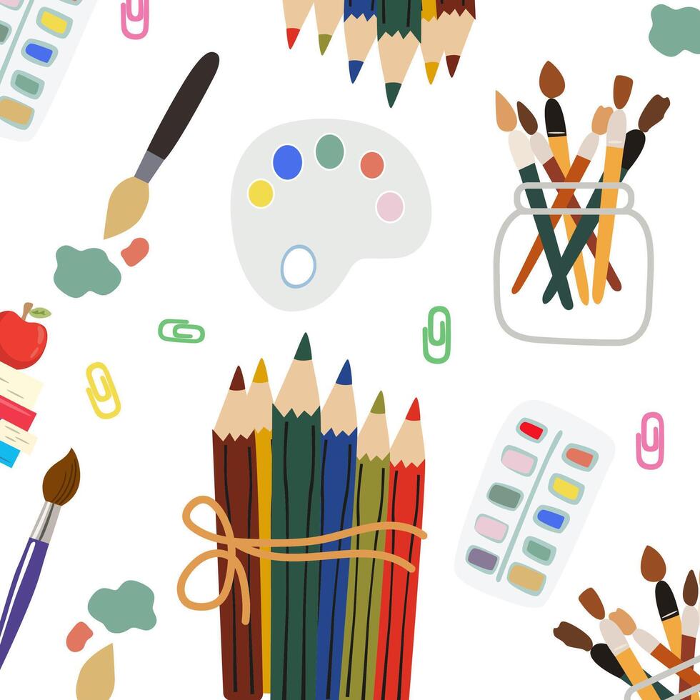 Back to school pattern. Set of school supplies. Set of tools for children's creativity. Pencils, paints, brushes and a paint palette background vector