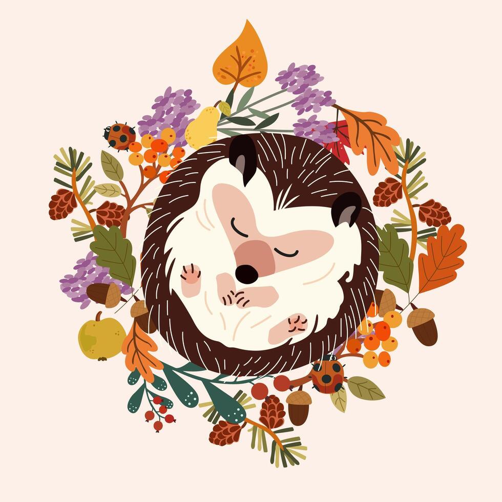Autumn set of hand-drawn icons. Set of autumn forest plants, leaf and forest animals. bunny, fox, hedgehog, squirrel and snail vector