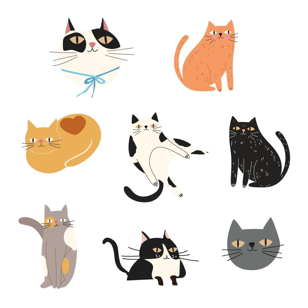 Happy international cat day characters design collection. Set of adorable pet animals. Furry human friends home animals. Flat illustration. Cat stickers vector