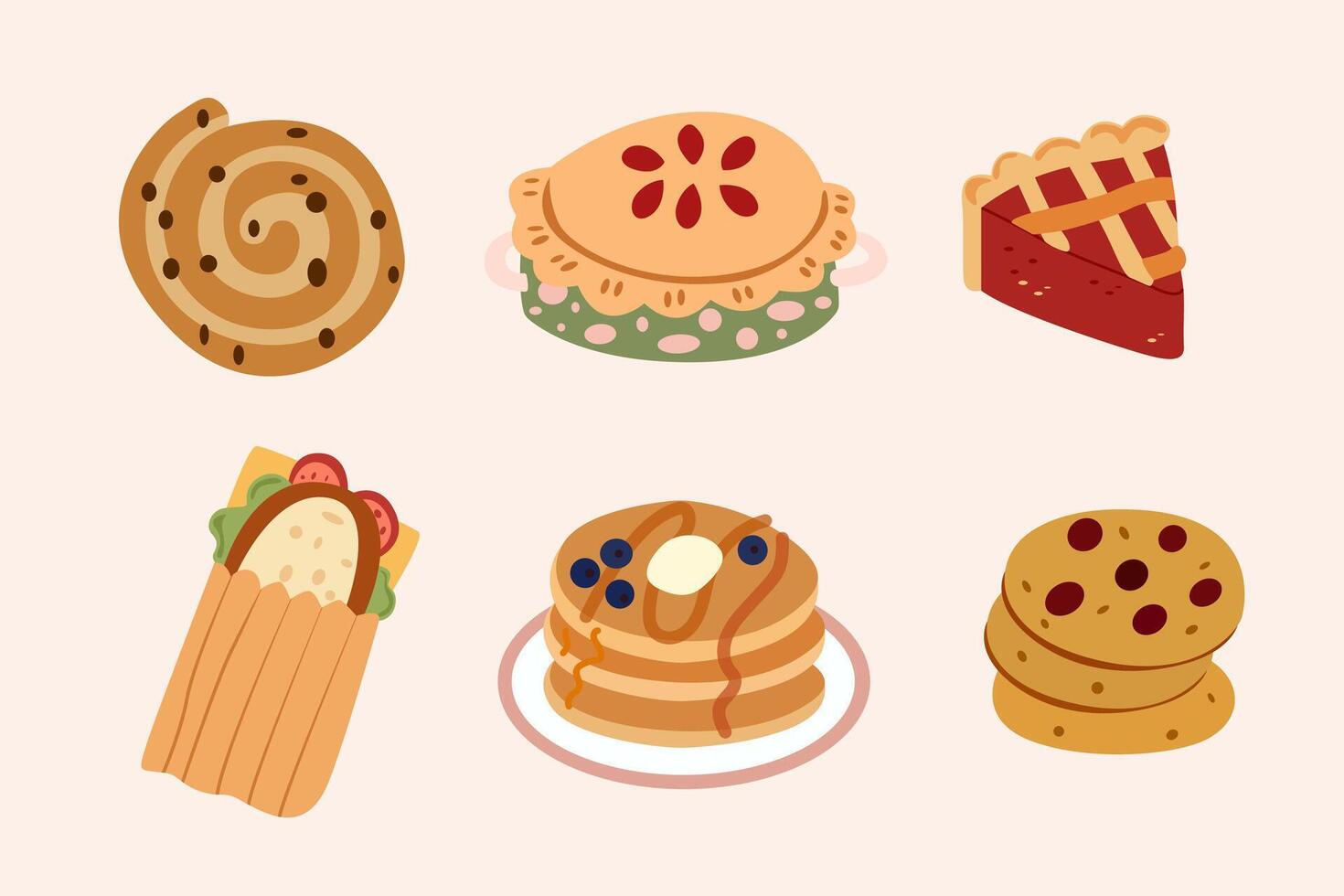 Autumn set of hand-drawn food icons. Autumn cozy goodies sticker. Cinnabon with chocolate, apple pie, cookies, slice of berry pie, vegetable sandwich and pancakes vector
