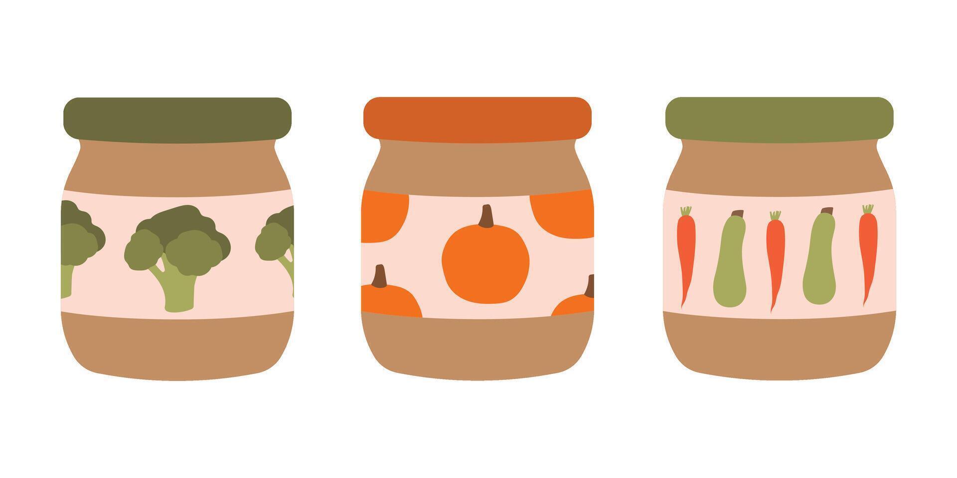 Vegetable puree in a jar set. Baby food, feeding. Isolated illustration in clip art style vector