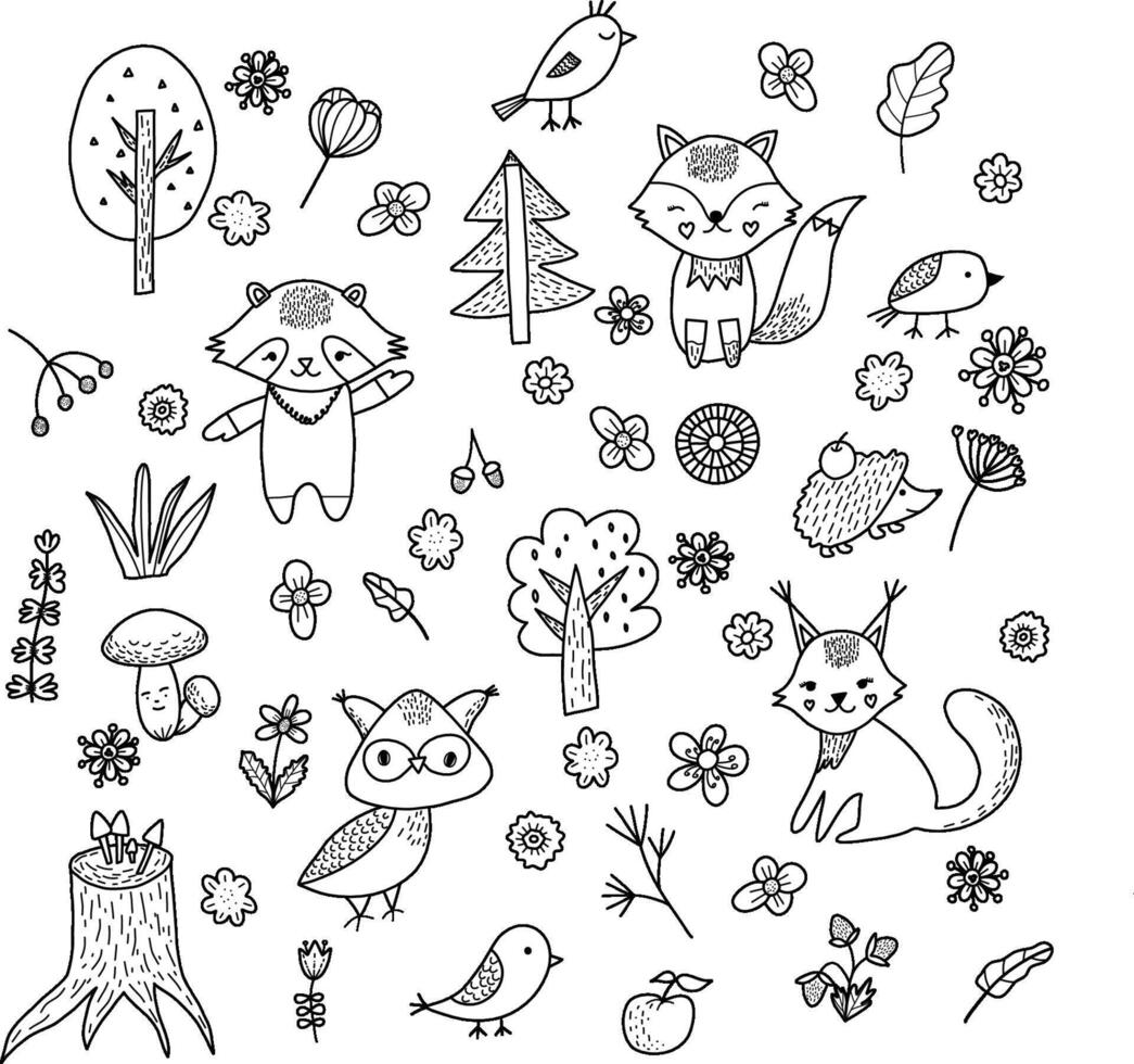 Black and white doodle forest set of animals and nature vector