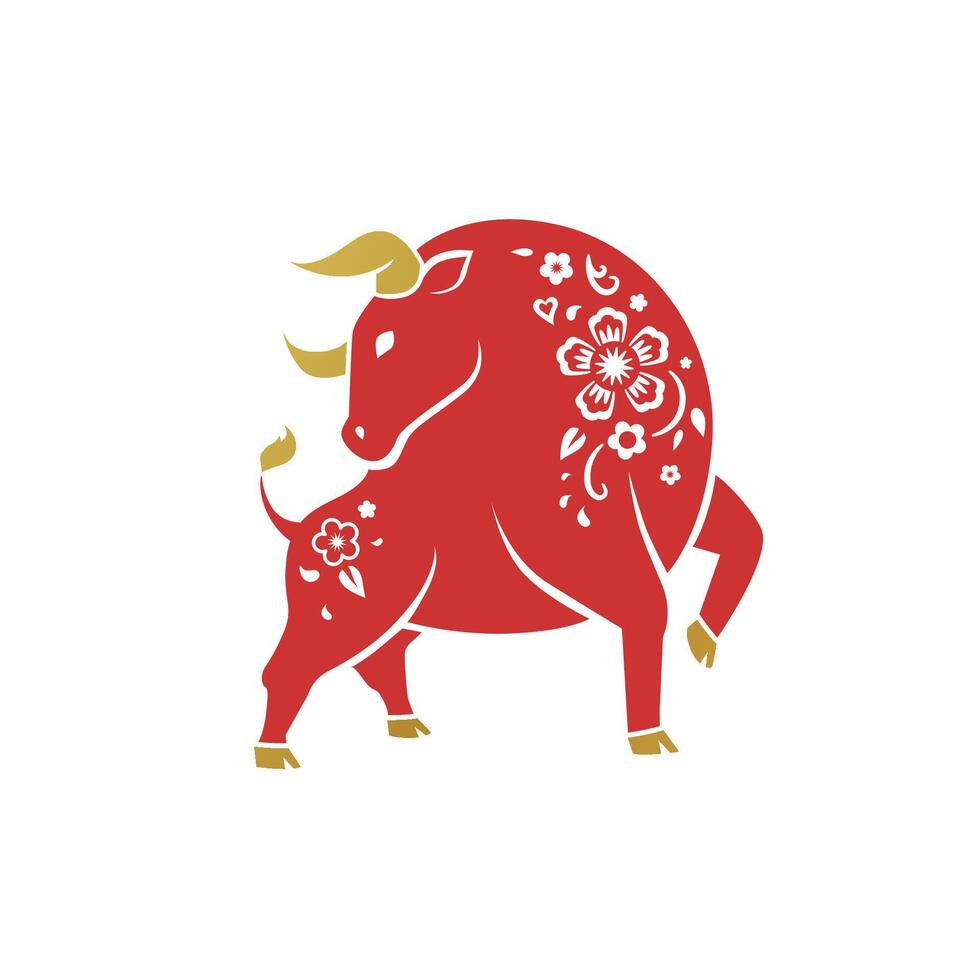 Chinese zodiac symbol red Ox with floral ornament and golden horns. Isolated on white background floral bull symbol for Year of Ox celebration vector