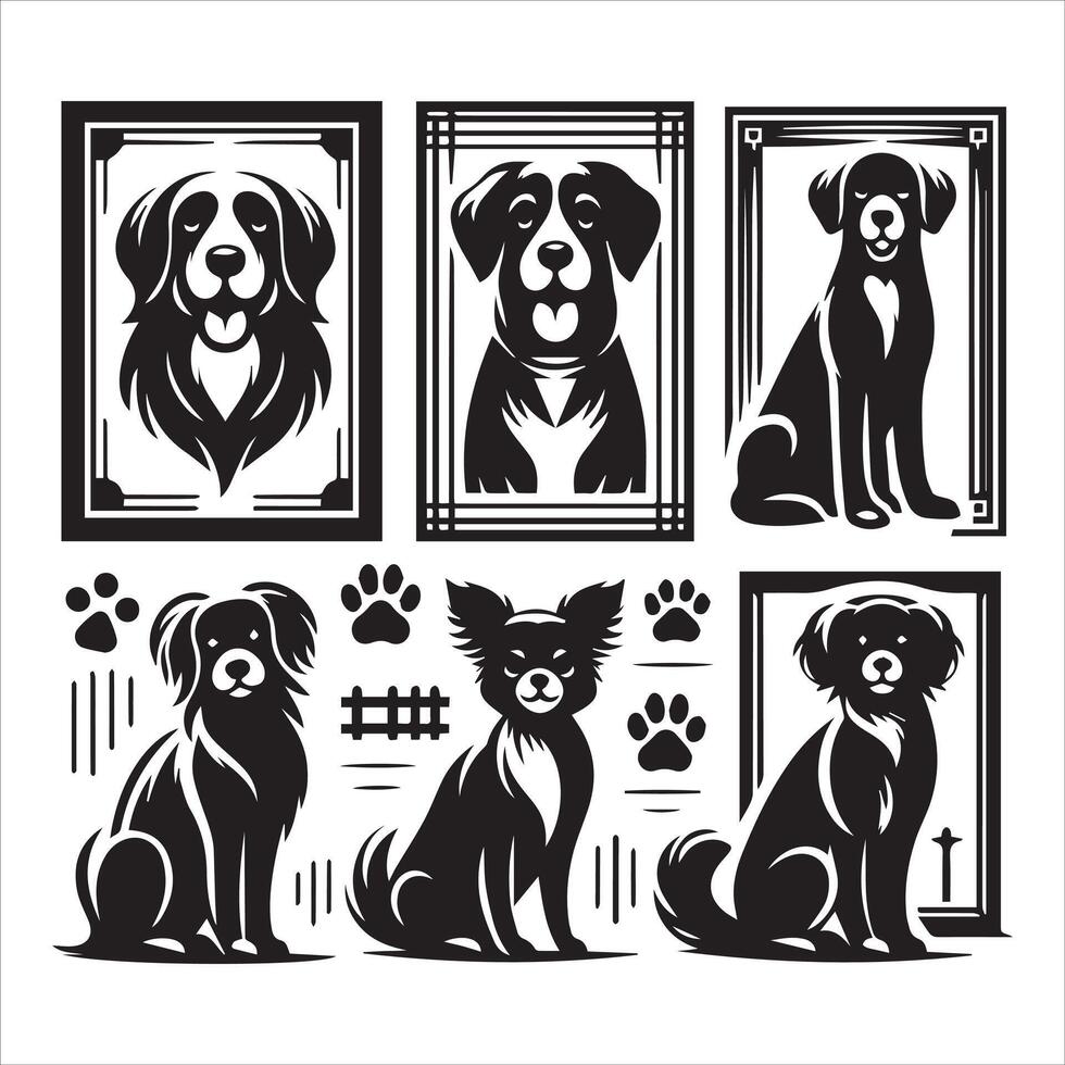 Print A collage of a dog a plant in an illustrated frame risograph silhouette white background vector