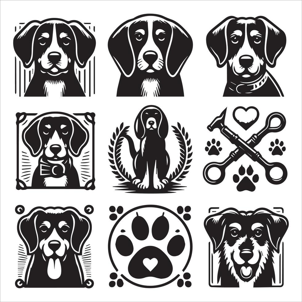 Print A collage of a dog a plant in an illustrated frame risograph silhouette white background vector