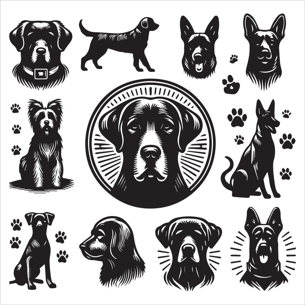 Print A collage of a dog a plant in an illustrated frame risograph silhouette white background vector
