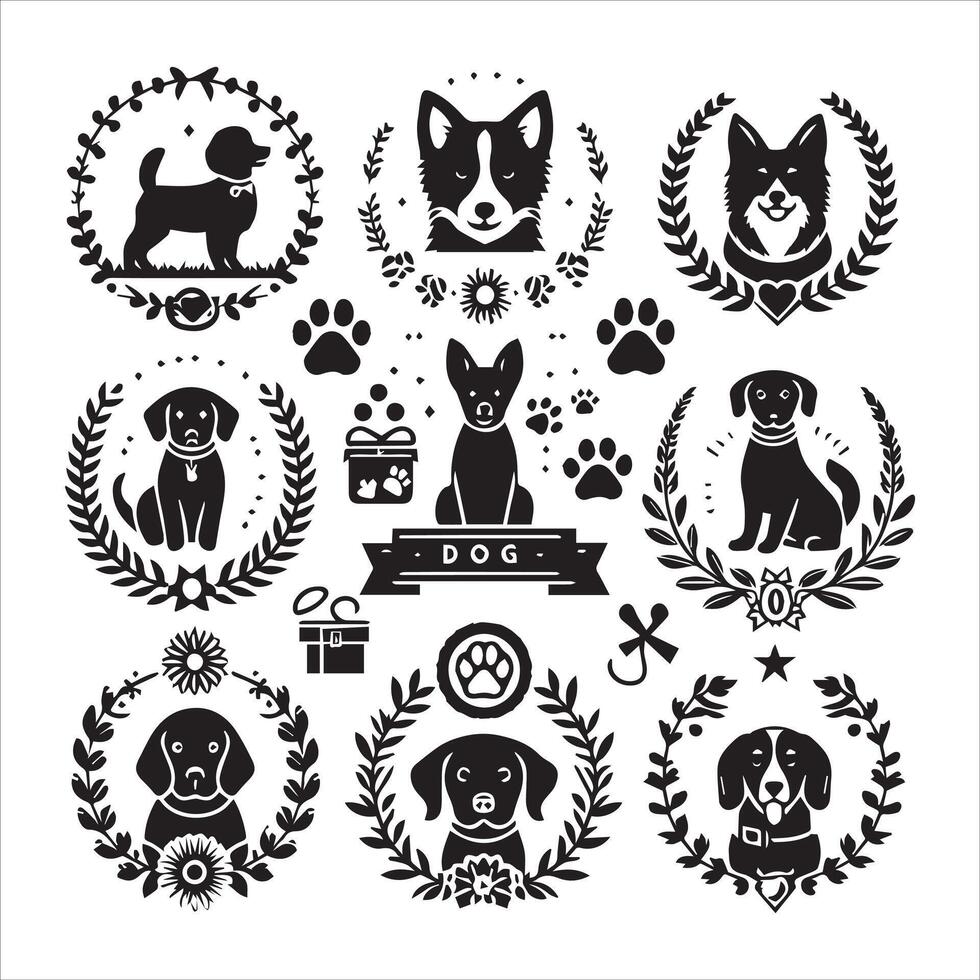 Print A collage of a dog a plant in an illustrated frame risograph silhouette white background vector