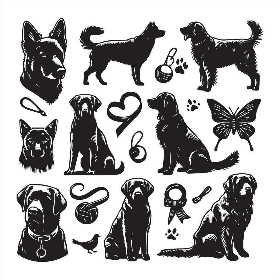 Print A collage of a dog a plant in an illustrated frame risograph silhouette white background vector