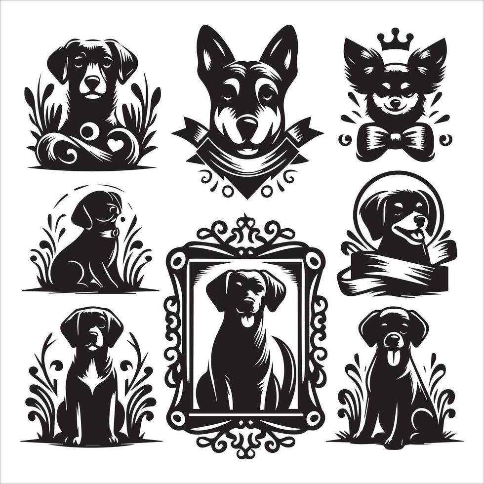 Print A collage of a dog a plant in an illustrated frame risograph silhouette white background vector