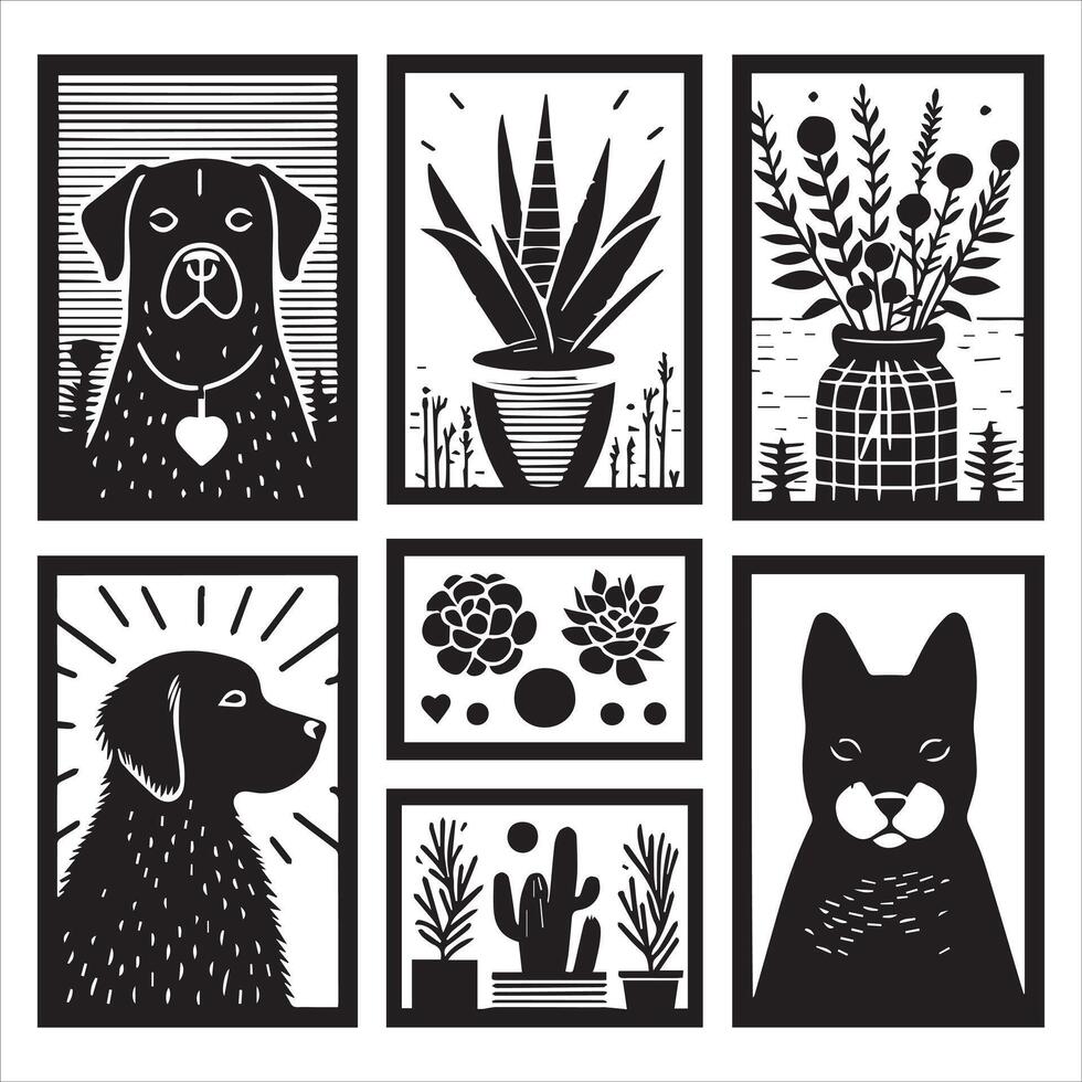 Dog shilhouette design bundle with illustration frames editable vector