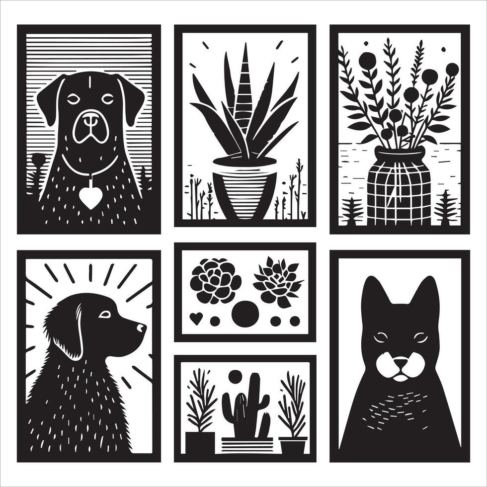 Dog shilhouette design bundle with illustration frames editable vector