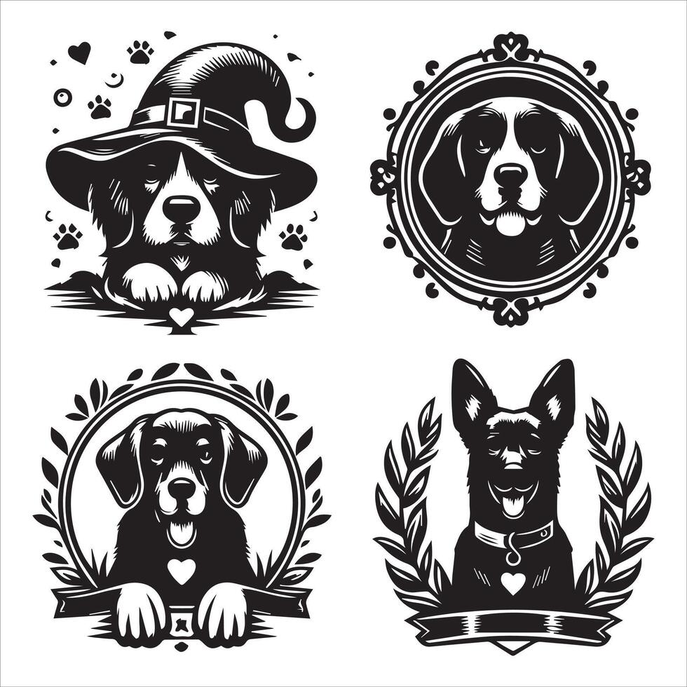 Print editable dog bundle in an illustration frame and floral dog logo vector