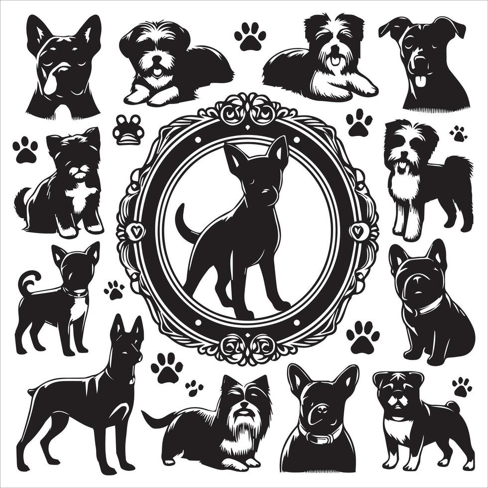 Print editable dog bundle in an illustration frame and floral dog logo vector