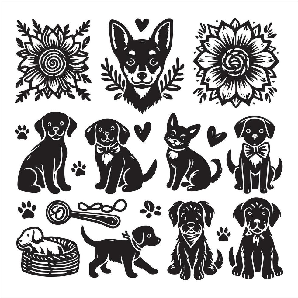Print A collage of a dog a plant in an illustrated frame risograph silhouette white background vector