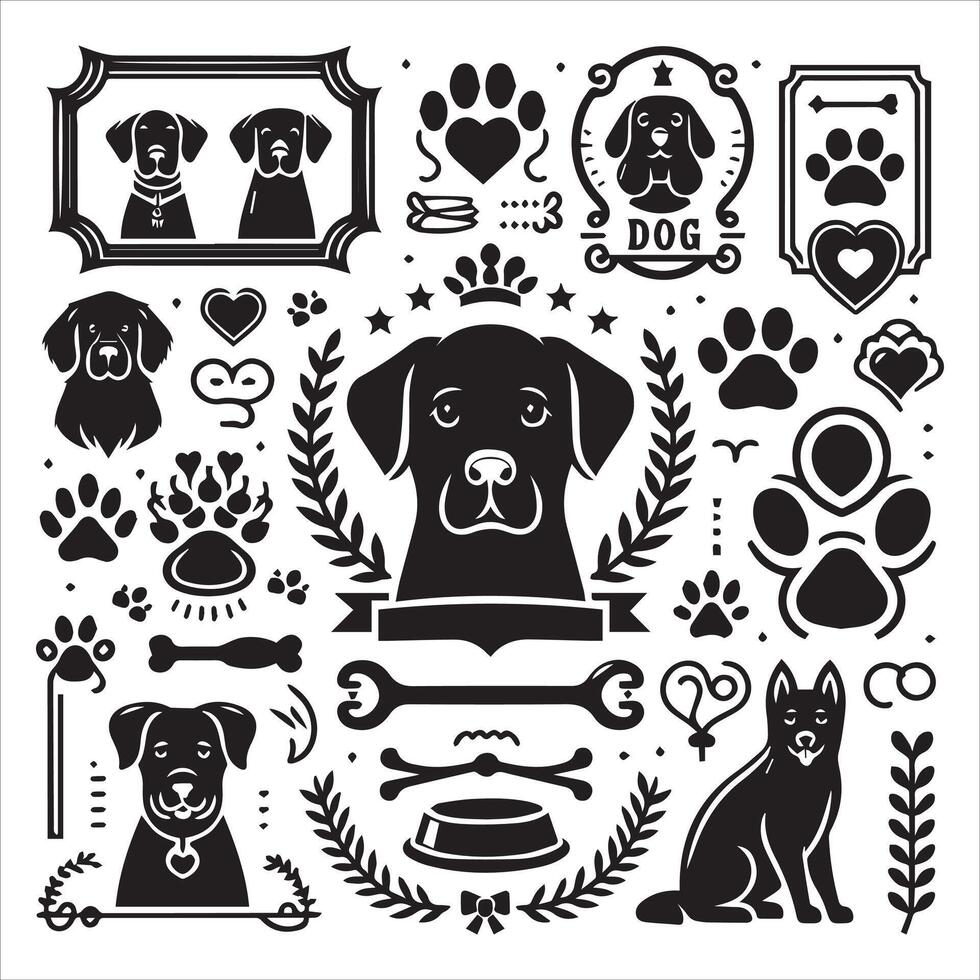 Print A collage of a dog a plant in an illustrated frame risograph silhouette white background vector