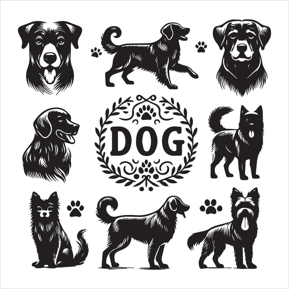 Print A collage of a dog a plant in an illustrated frame risograph silhouette white background vector
