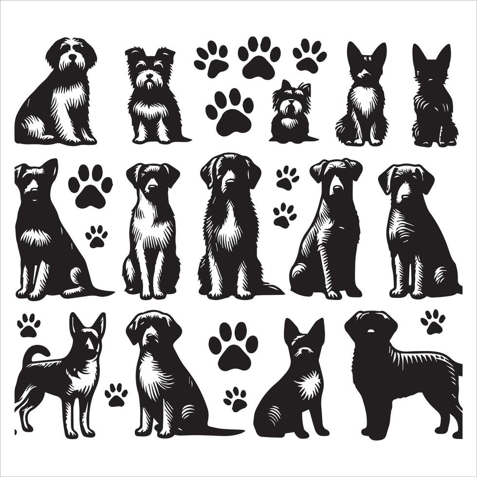 Print A collage of a dog a plant in an illustrated frame risograph silhouette white background vector