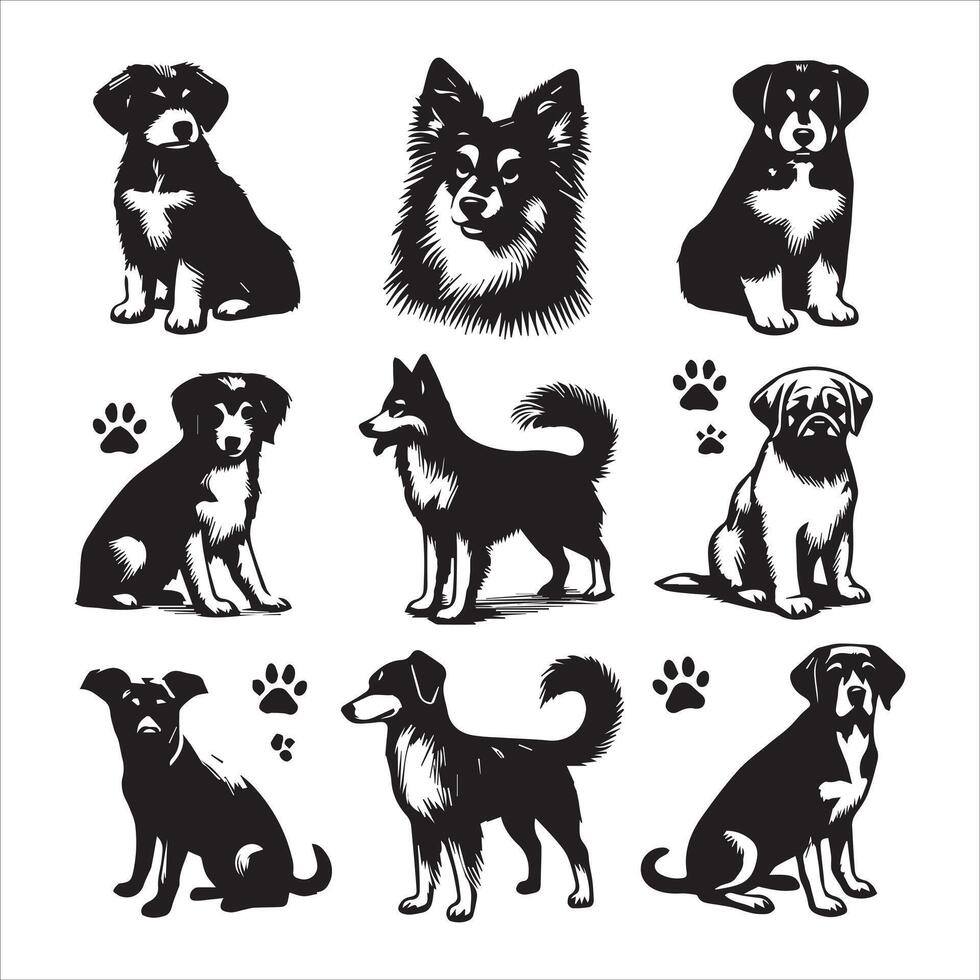 Print A collage of a dog a plant in an illustrated frame risograph silhouette white background vector