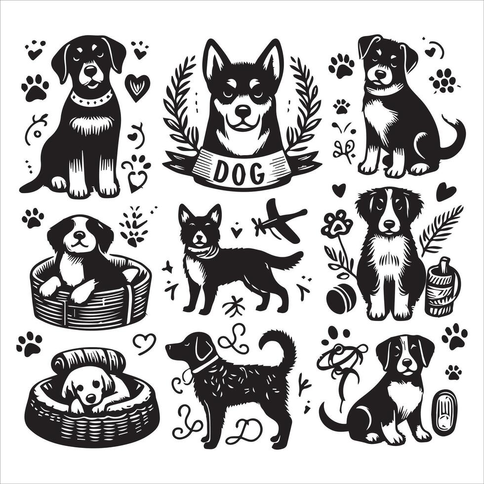 Print A collage of a dog a plant in an illustrated frame risograph silhouette white background vector
